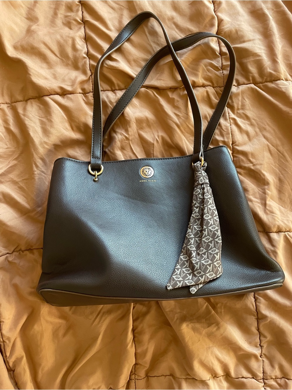 Anne Klein Dark Brown Leather Shoulder Bag with Accent Scarf